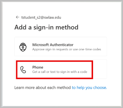 screenshot fo teh add a sign-in method screen with the phone option highlighted