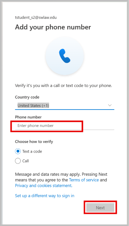 screenshot fo the add your phone number screen with the enter phone number field highlighted