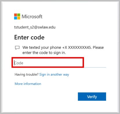 screenshot of the MFA enter code screen with the code field highlighted