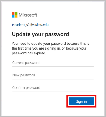 screenshot showing the update your password screen